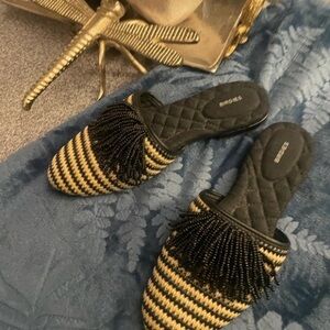 Birdies Black and Gold Beaded Mules